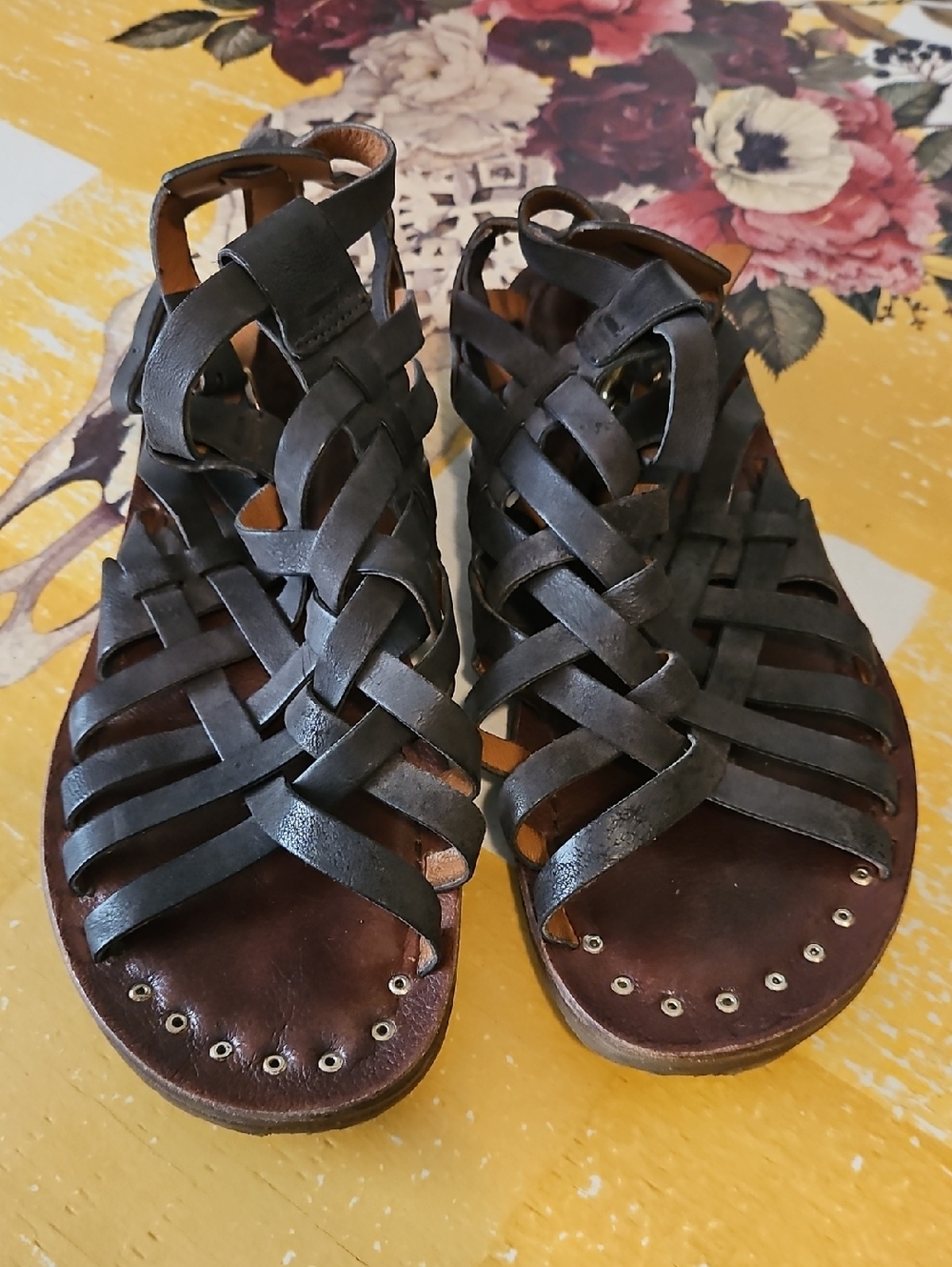 A.S.98 Black Leather Woven Gladiator Sandals -  Size 40
